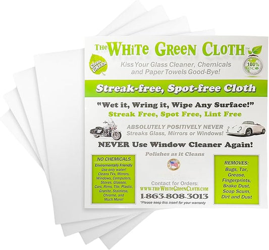 The White Green Cloth 4-Pack Reusable Cleaning Cloths for Streak-Free Windows, Mirrors & All-Purpose Use – Chemical-Free, Absorbent, Non-Abrasive, 16" x 16" White Cleaning Rags, Made in The USA