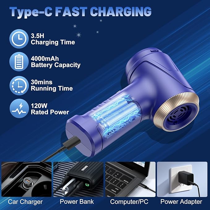 Handheld Cordless Car Vacuum Cleaner 16000Pa 4-in-1 Portable Vacuum & Air Duster with LED Light 120W High Power - Multi Nozzles for Pet Hair, Home, Office, Car - Rechargeable and Dual Filters