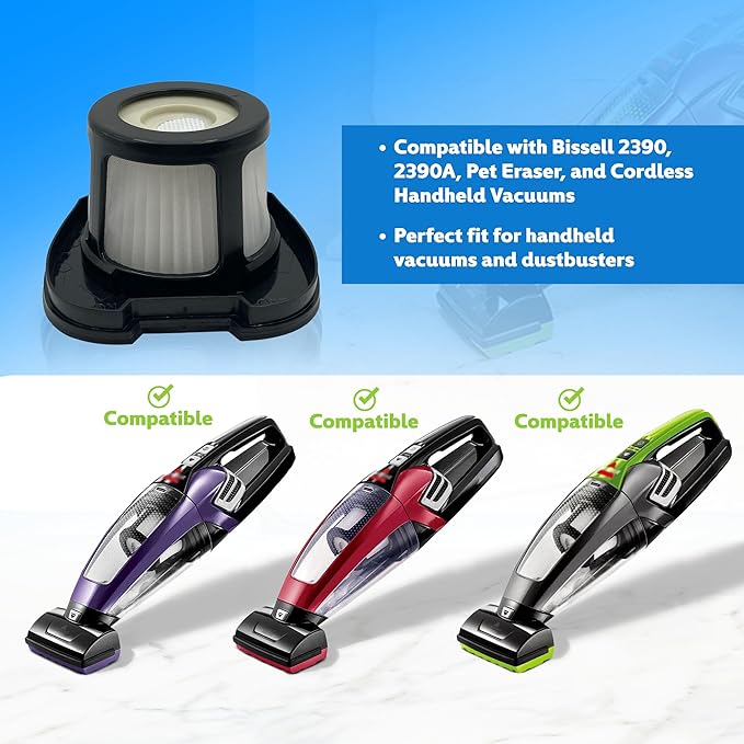 Replacement Filters for Bissell Pet Hair Eraser Handheld Vacuum – Fits Bissell 2390 & 2390A, Cordless Pet Eraser – Foam & Mesh Filters with Cleaning Brush