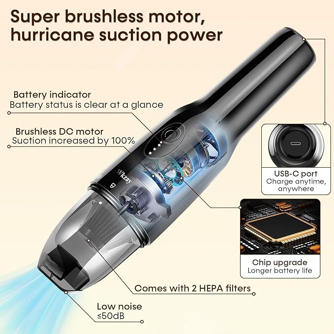 Wkzay Cordless Handheld Vacuum Cleaner - 16000 Pa Suction and Brushless Motor for Rechargeable Lightweight and Portable Cleaning in Home