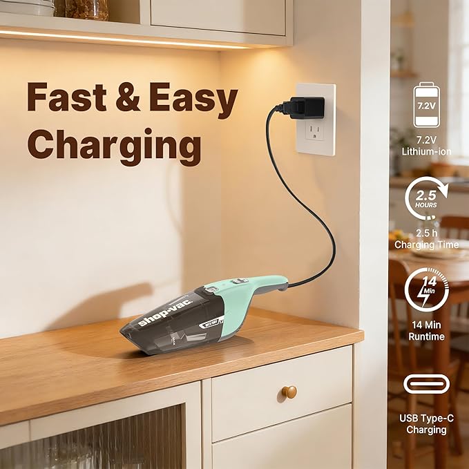 Shop-Vac Wet/Dry Handheld Vacuum Cordless, Powerful Portable Car Vacuum Rechargeable, Wall-Mounted Hand Vac with Crevice Tool, Lightweight Hand Vacuum for Home & Car, Washable Filter, Green