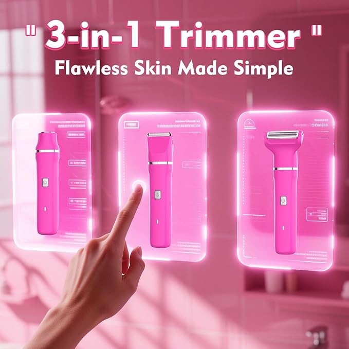 Bikini Trimmer for Women - IPX7 Waterproof Pubic Hair Remover for Shower & Travel, 3-in-1 Bikini Trimmer with Body/Round/Curved Heads, Hypoallergenic Foil & Ceramic Blades, Self-Care Gifts for Women