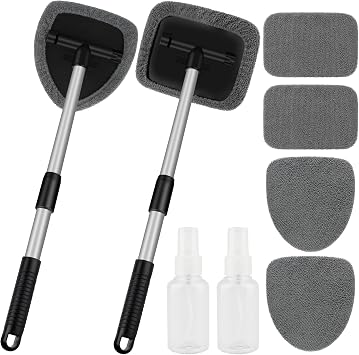 Windshield Cleaner Tool, Car Interior Window Cleaning Tool, Car Wash kit with 4 Reusable Microfiber Pads, 2 Extendable H