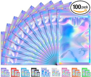 100 PCS Holographic Bags for Lashes, Press On Nails, Candy, Small Baggies Sample Bag Smell Proof Packaging Bags for Jewe