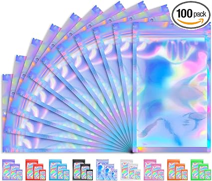 100 PCS Holographic Bags for Lashes, Press On Nails, Candy, Small Baggies Sample Bag Smell Proof Packaging Bags for Jewe