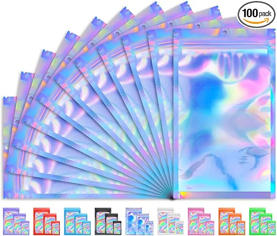 100 PCS Holographic Bags for Lashes, Press On Nails, Candy, Small Baggies Sample Bag Smell Proof Packaging Bags for Jewe