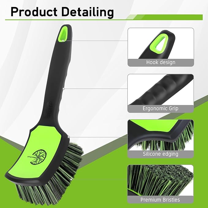 MVEQRRN 2-Pack Car Wheel Tire Detailing Brush Set:Wheel Cleaner Brush with Soft Bristles,Stiff Bristle Cleaning Brush with Rubber Handle for Deep Clean Car Tire Rims, Fenders or Carpet(Black Green)