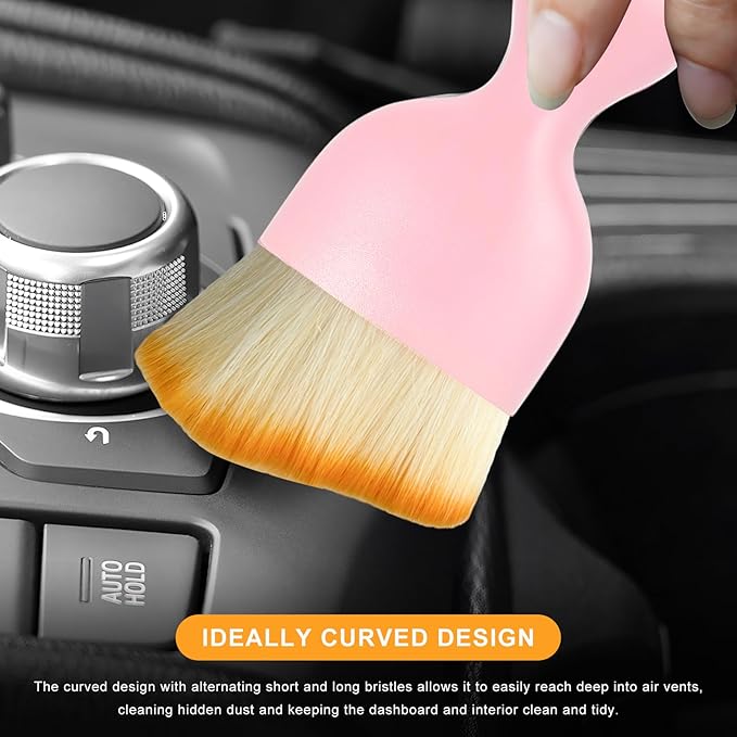 2 PCS Car Interior Detailing Brush, Curved Car Interior Cleaning Brush with Ultra Soft Bristles & Dust Cover, Scratch-Free Auto Dusting Brushes for Dashboard AC Vent Leather (Pink)