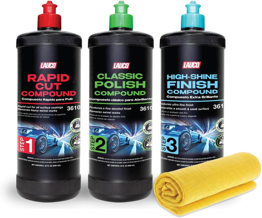 LAUCO 3-Step Kit – Steps 1 2 3 – 32oz, with a Towel, Professional Silicone-Free Cutting, Polishing & Finishing Compounds for Scratch Removal