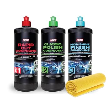 LAUCO 3-Step Kit – Steps 1 2 3 – 32oz, with a Towel, Professional Silicone-Free Cutting, Polishing & Finishing Compounds