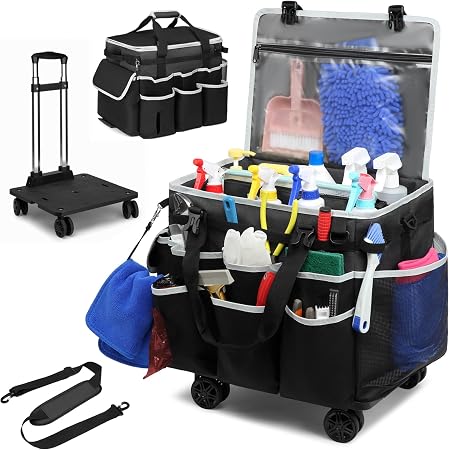 Large Rolling Cleaning Caddy Bag with Detachable Trolley, Full Support Plates for Professional Cleaning Supplies Bag, Or