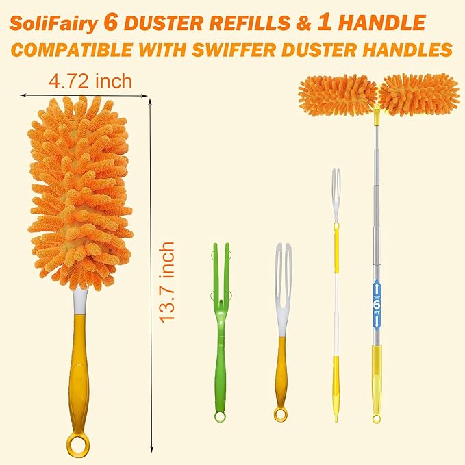Reusable Duster for Swiffer, 360 Heavy Duty Duster Refill Compatible with Swiffer Hand Dusters for Dusting Furniture, Blinds, Ceiling Fans, Walls and More, 6 Refills +1 Handle, Orange