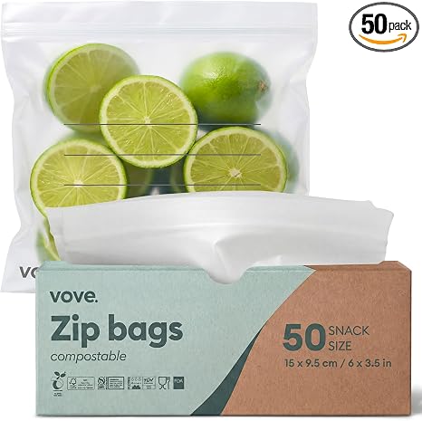 Vove Compostable Snack Zip Bags 50 Count, Plant-Based Freezer Safe