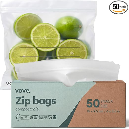 Vove Compostable Snack Zip Bags 50 Count, Plant-Based Freezer Safe