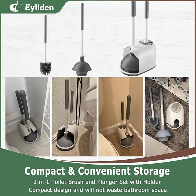 Eyliden Toilet Plunger and Brush Set | 2-in-1 Bathroom Cleaning Tools with Holder | Unclogs Toilets, Deep Cleans Bowls | Compact Caddy Stand | Nylon Bristles, Durable Plastic, White