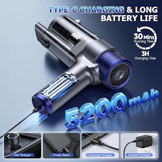 JONYJ Handheld Car Vacuum Cleaner Cordless, 16000PA Hand Held Vacuum Portable, 2 in 1 Air Duster and Mini Vacuum Cleaner Rechargeable with LED, Multi-Nozzles & Washable Filters for Home Office Car Pet