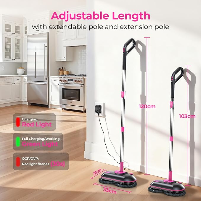 Cordless Electric Mop, Electric Spin Mop with Water Sprayer, Powerful Floor Cleaner, 300ml Tank Self-Propelled for Hardwood & Tile, Adjustable Handle, 2500mAh Long-Lasting Battery, Pink