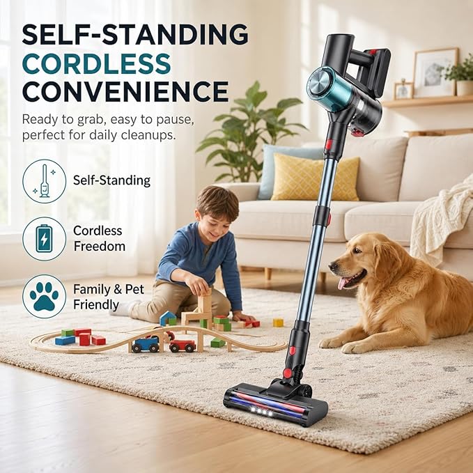 Cordless Vacuum Cleaner, Stick Vacuum for Pet Hair & Hardwood Floor, Self-Standing Rechargeable Vacuum with Smart LED Display, Lightweight Battery Powered Vacuum for Home, Dorm, & Dog Hair-Aqua