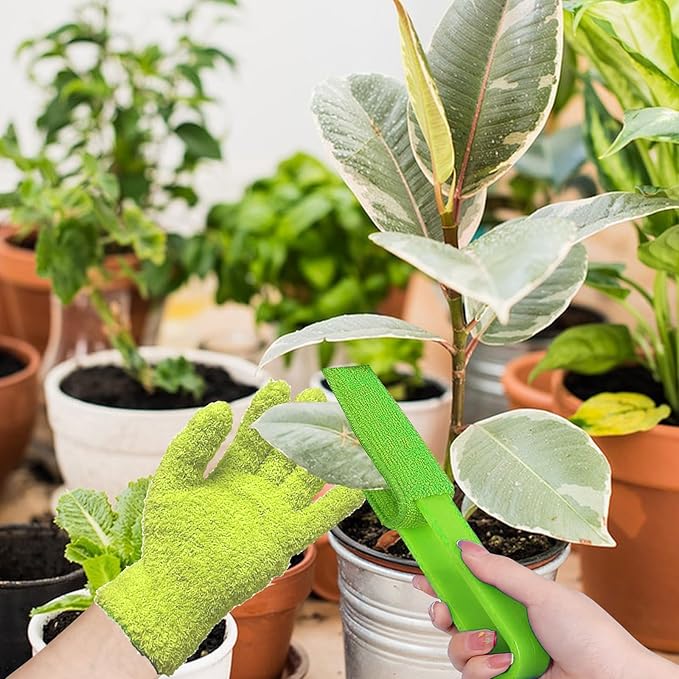 Leaf Cleaning Tongs with 2 Removable Sleeves and 1 Dusting Glove, Washable Reusable Microfiber Sleeves and Gloves Plants Cleaning Set for House Plants, Window Blind (Green)
