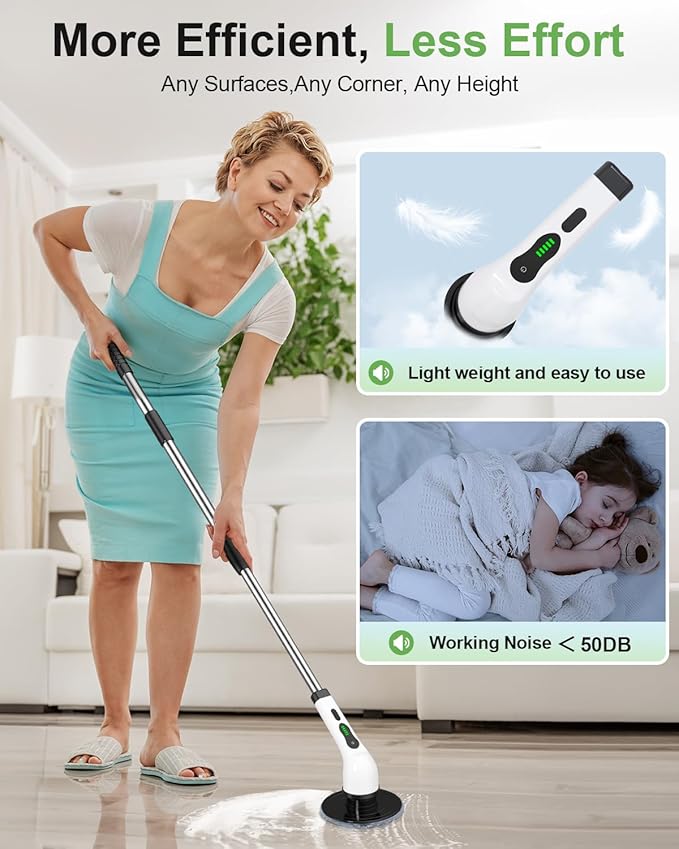 Electric Spin Scrubber, Cordless Power Cleaning Brush with 9 Replaceable Heads, Rechargeable Shower Scrubber with Adjustable Handle, IPX7 Waterproof Scrubber for Bathroom Tile Car,White-ra1