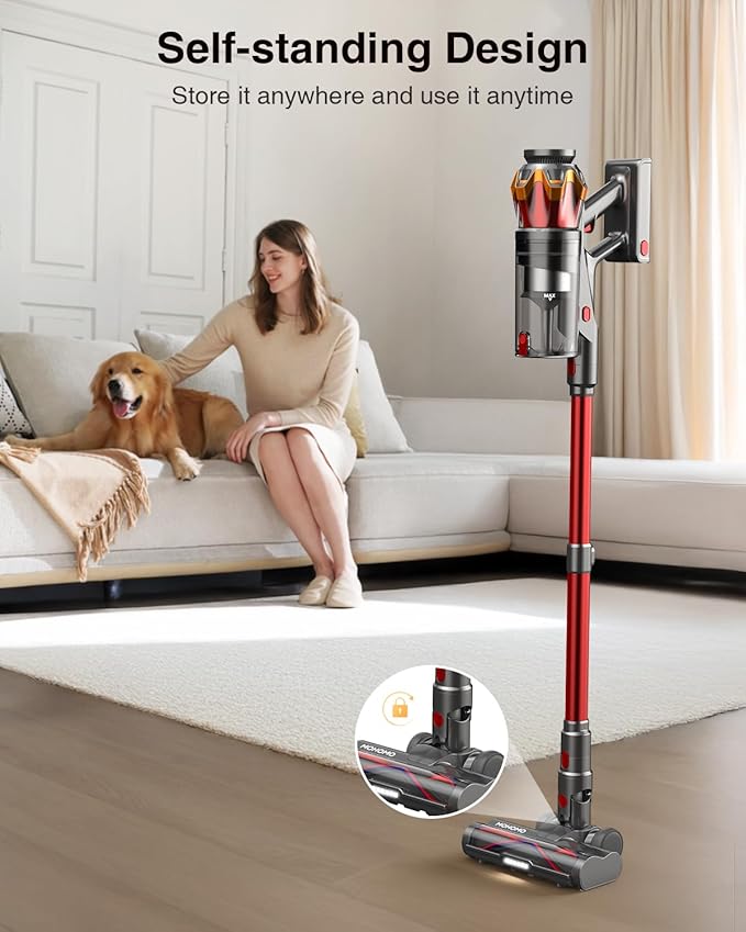 mohomo Cordless Vacuum Cleaner 650W 55KPa Suction, 70Min Runtime Stick Vacuum with Self-Standing, Anti-Tangle Brush, OLED Touch Screen for Hardwood Floor, Carpet, Pet Hair - Red