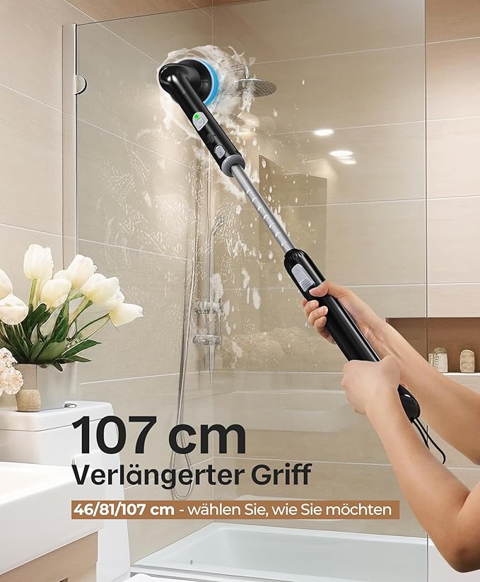 LyriFine Electric Spin Scrubber, New Full-Body IPX7 Waterproof Bathroom Cleaner Brush, Shower Scrubber with Long Handle & 2 Speed, Heads Replacement, Cleaning Supplies for Tub Shower Tile Floor