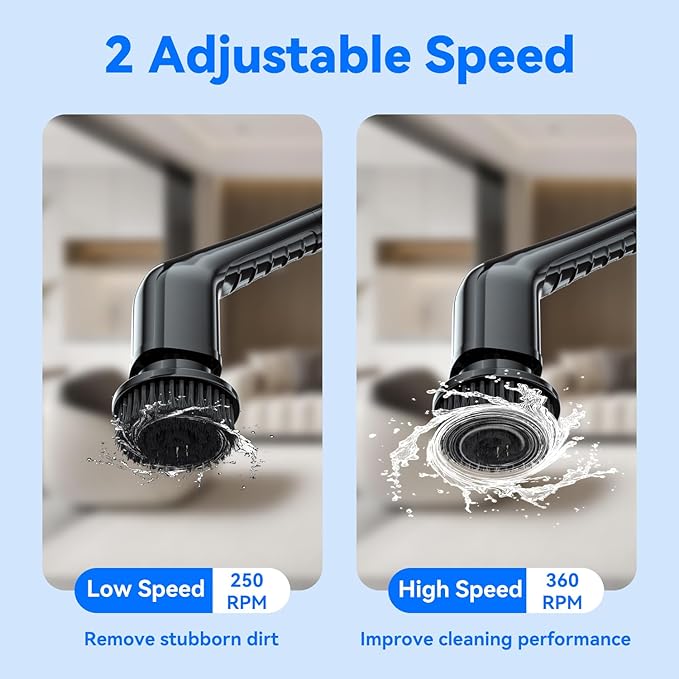 Electric Spin Scrubber,Bathroom Cleaning Brush with Long Handle 8 Replaceable Brush Heads, 2 Adjustable Speeds, Cordless Power Cleaning Brushes for Bathtub Grout Tile Floor