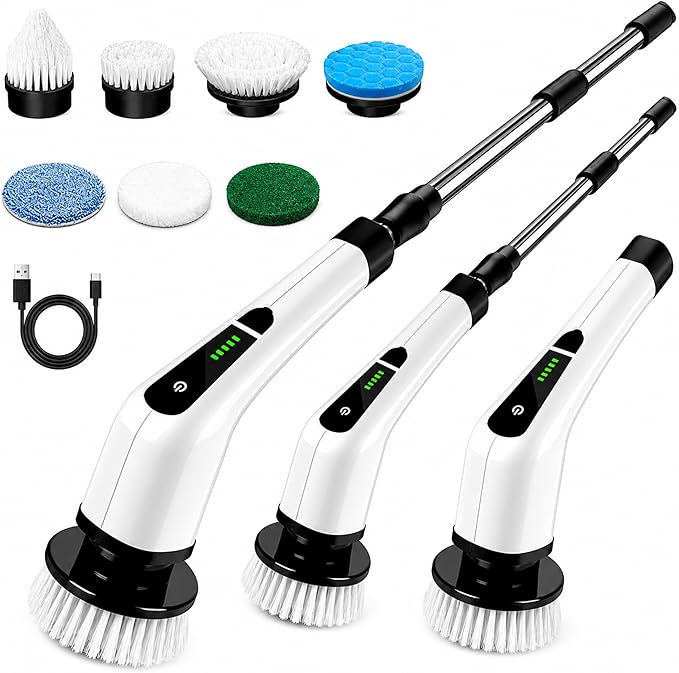 7-in-1 Electric Spin Scrubber with Long Extendable Handle, Cordless Power Scrubber with 7 Replaceable Brush Heads for Bathroom, Shower, Bathtub, Tile, Floor, Glass & Car Cleaning