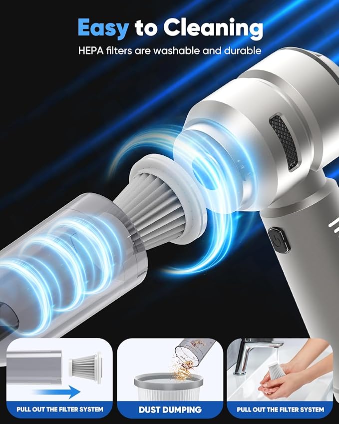 Portable Cordless Car Vacuum Cleaner, 21000Pa Handheld Vacuum with 3 Suction Modes, Type-C Fast Charging, Mini Vacuum for Home, Office, Desk, Keyboard – Bright Silver