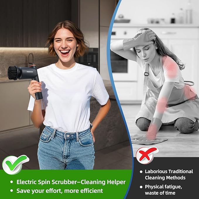 Electric Spin Scrubber,Cordless Shower Scrubber with LCD Display,Upgraded Motor 400/550RPM,2 Speeds Electric Scrubber with 6 Replaceable Heads,Handheld Cleaning Brush for Kitchen/Bathroom/Tile/Tub