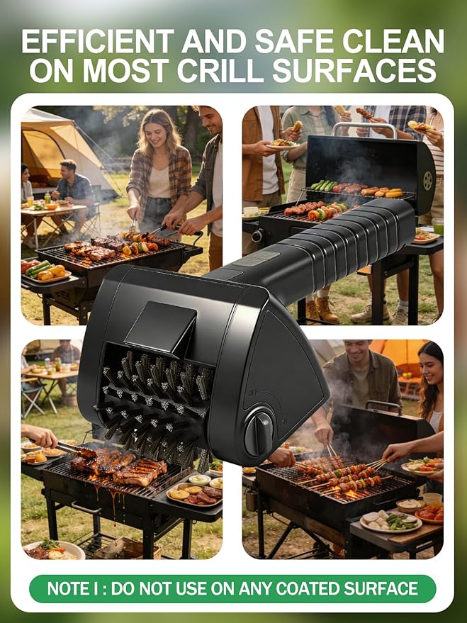 Electric Grill Brush, Cordless Rechargeable BBQ Cleaner with 4000mAh Battery, 2-Speed, LED Light, 304 Stainless Steel Removable Brush Head, Grill Clean Tool for Outdoor Grill