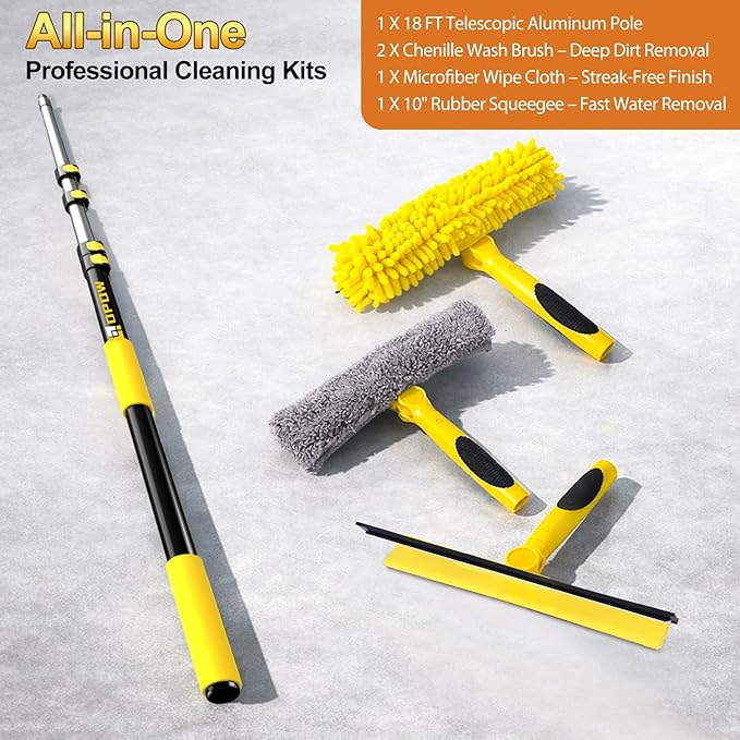 24ft Squeegee Window Cleaner with Extension Pole,2 in 1 Window Cleaning Tool with 5-Stage Telescopic Pole & Rotatable Head,Window Washing Equipment for Solar Panel, RV, Indoor/Outdoor Window,Car Glass