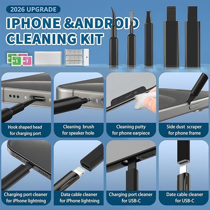 2026 Upgrade Phone Cleaning Kit 57PCS, iPhone Cleaning Kit, Airbud Cleaning Kit for AirPods, Keyboard Cleaning Kit, Charging Port Cleaner for Apple Lightning/Android USB-C (Black, with 10 Mini Brush)