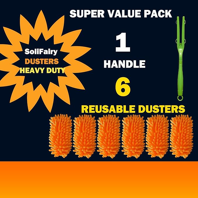 Reusable Duster for Swiffer, 360 Heavy Duty Duster Refill Compatible with Swiffer Hand Dusters for Dusting Furniture, Blinds, Ceiling Fans, Walls and More, 6 Refills +1 Handle, Orange