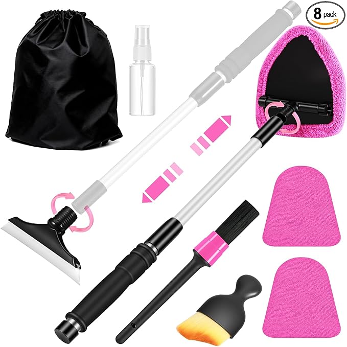 Pink Windshield Cleaner Tool, Car Interior Cleaning Kit with Extendable Handle and 3 Reusable Microfiber Pads, Auto Glass Wiper and Detailing Brush Kit for Car & Home Window
