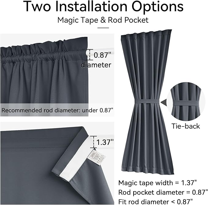Vatge Gray Privacy French Door Curtain - Thermal Insulated Self Adhesive Blackout Door Curtains with Tieback, 1 Panel, W25 x L72, Grey