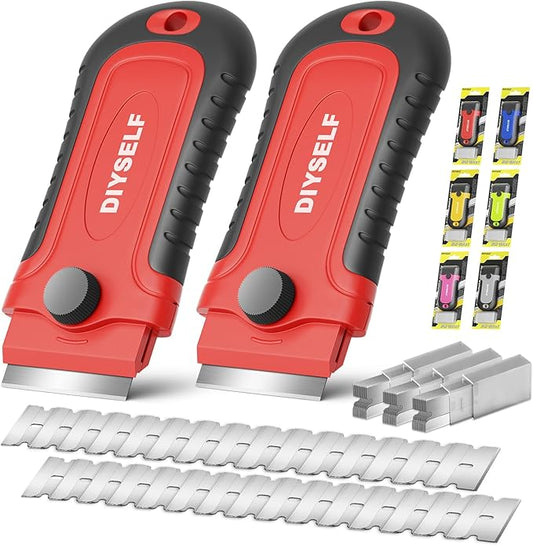 DIYSELF 2 Pack Razor Blade Scraper with 30 Pcs Blades - Scraper Tool - Scraper for Cleaning Stove, Oven, Glass, Kitchen - Paint Scraper - Razor Scraper - Glass Scraper - Glass Stove Top Scraper