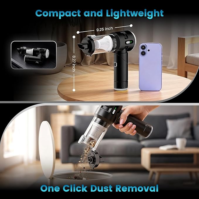 Wansimoo Handheld Car Vacuum Cleaner,25000PA Strong Cyclonic Suction Foldable Mini Vacuum Portable Cordless with Digital Display and One Touch Dust Removal for Car, Home, Office, Kitchen (Silver)