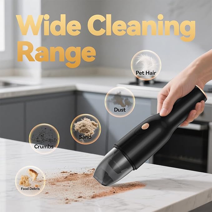Handheld Vacuum Cordless -Car Vacuum Portable Rechargeble -Hand Held Small Vacuum Cleaner Car Seats, Home, Quick Clean up, Strong Suction, Lightweight, Includes Crevice Nozzle & Brush-H3