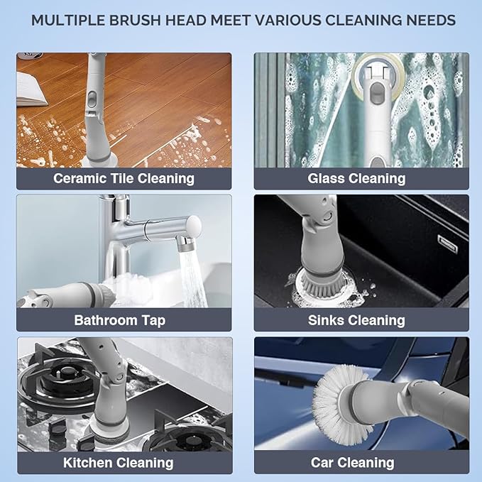 Electric Spin Scrubber - Cordless Cleaning Head with 6 Replaceable Brushes - 90° Rotatable - Ideal for Floor, Window, Cars - Ivory White