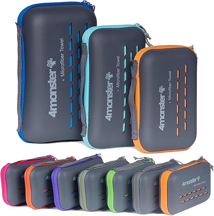 4Monster Quick Dry Travel Towel with Case & Carabiner – Super Absorbent Microfiber Gym & Camping Towel. Compact, Lightwe
