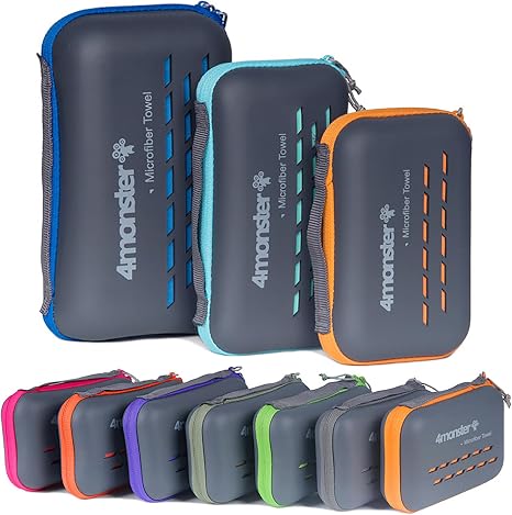 4Monster Quick Dry Travel Towel with Case & Carabiner – Super Absorbent Microfiber Gym & Camping Towel. Compact, Lightwe