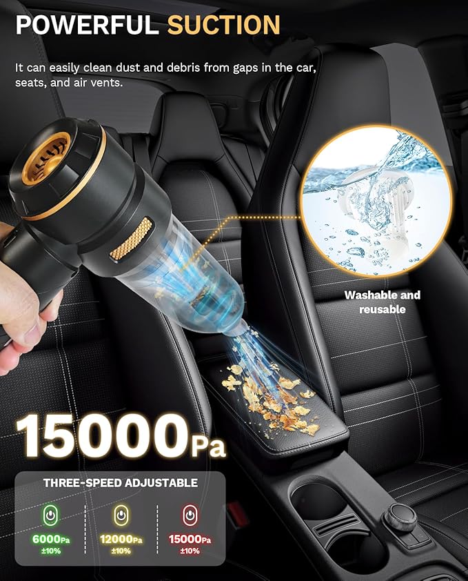 Foldable Cordless Handheld Car Vacuum Cleaner, 15000PA High Power 2-in-1 Mini Vacuum Duster & Inflator, with 3-Speed Brushless Motor for Car Care, Home, Office, Pet