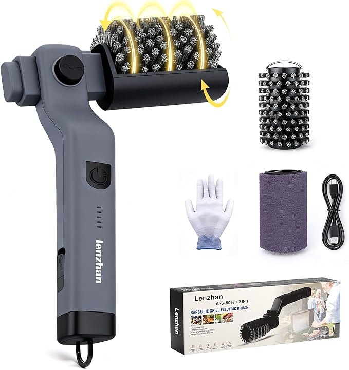 Cordless Electric Grill Brush with Adjustable Angle, 3-Speed Power Motor & Stainless Steel Head - Rechargeable, 90-Min Runtime, Waterproof Grill Cleaner for BBQ Grates & Griddles (Gray)