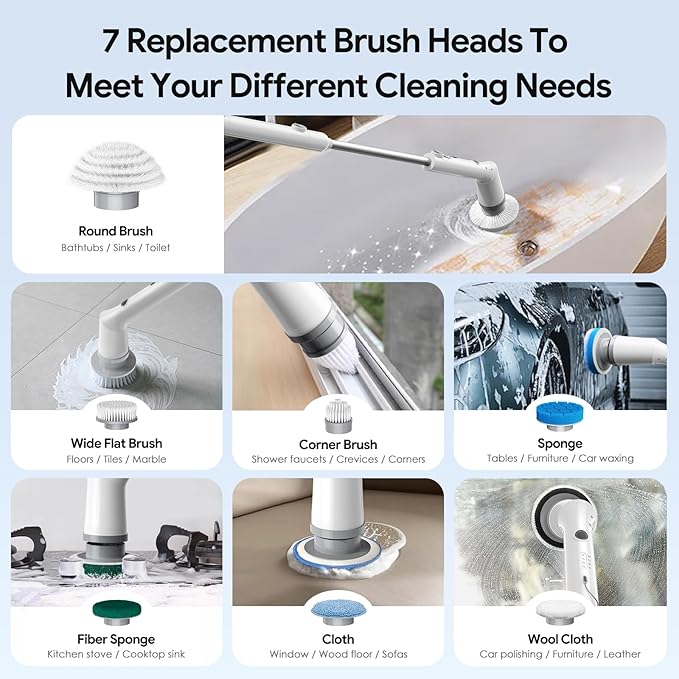 Sorpci Electric Spin Scrubber, 2026 New Cordless Cleaning Brush, Shower Cleaning Brush with 7 Replaceable Brush Heads, Power Scrubber 3 Adjustable Speeds, Detachable Long Handle & IPX7 Waterproof
