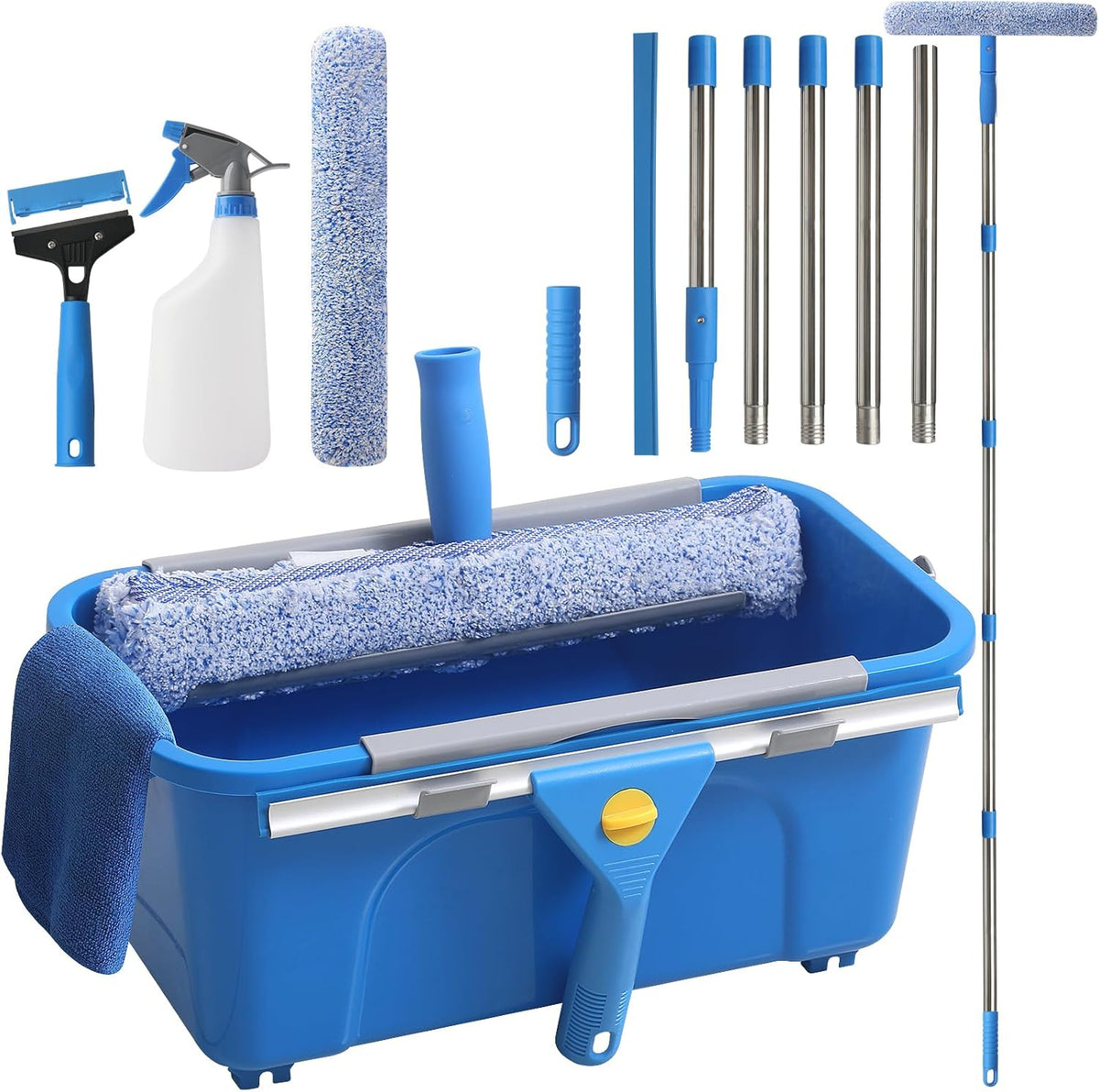 11PCS Window Cleaning Kit Washing Tool, Bucket 3 Gallon, 76 inch Long Handle Window Squeegee and Microfiber Scrubber,Equipped with Replaceable Squeegee and Scrubber for Home Business Use