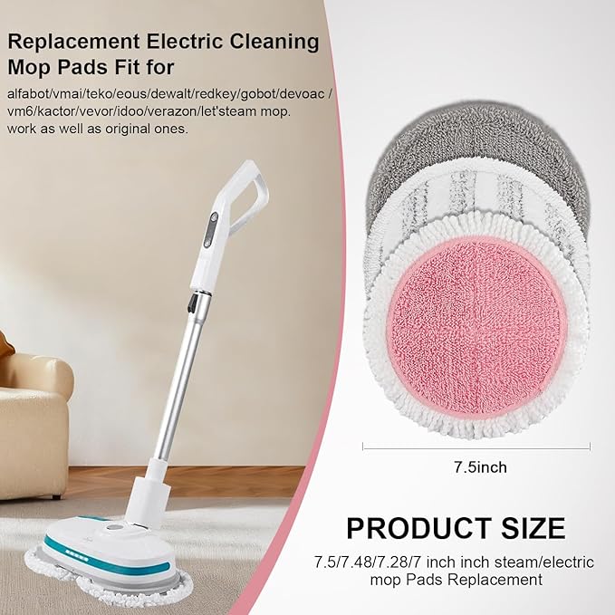 Spin Cordless Electric Mop Pads: 7.5/7.48/7.28/7 Inch Steam/Electric Mop Pads Replacement for Vmai/eous/idoo/alfabot/devoac - Round Velcro Scrubber Reusable Mop Pads Refill for Floor Cleaning 8 Pack