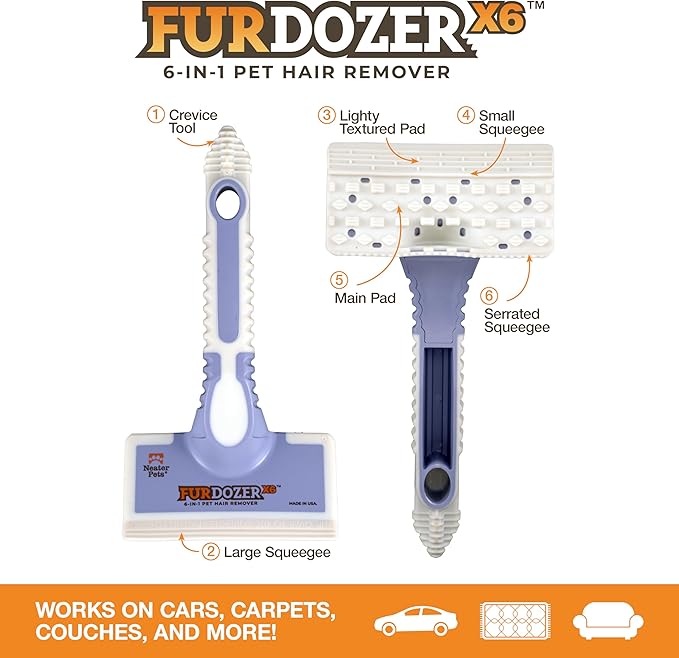 FurDozer Pet Hair Remover & Auto Detailing Tools - Cat & Dog Hair Remover for Carpets, Car Interiors, Couches, Bedding, & Pet Furniture (Purple, (2 Pack) - X6)