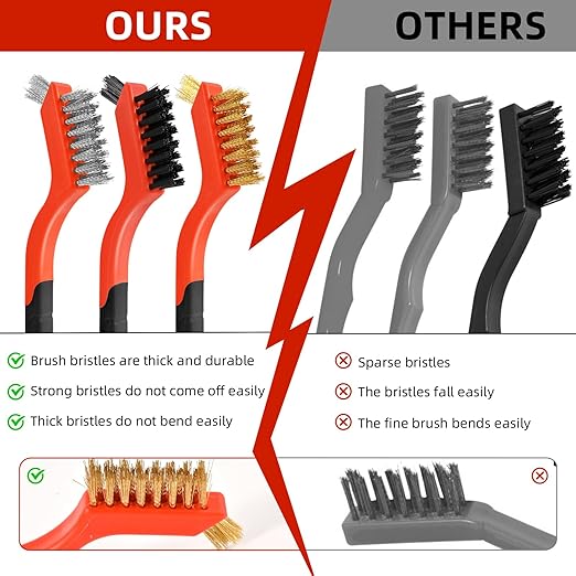 6pcs Wire Brushes for Cleaning Rust, Upgrade Wire Brush Set - Brass/Stainless Steel/Nylon Bristles, Small Metal Wire Brush with Curved Handle Grip, Wire Brushes for Paint and Stain, 7 Inches