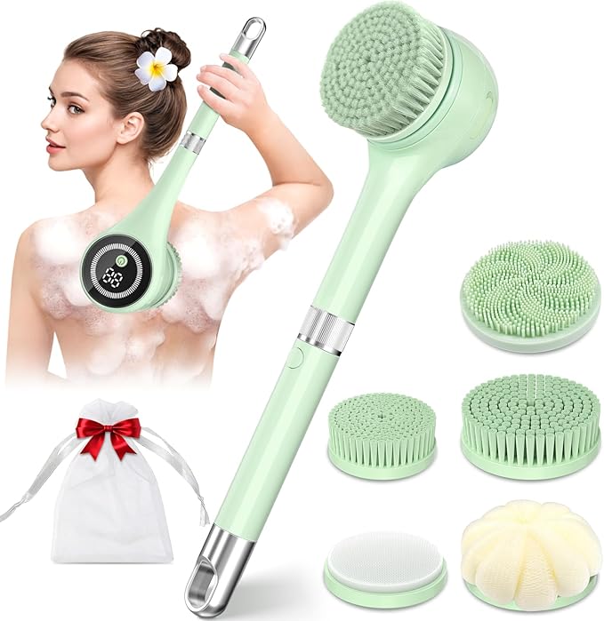 Electric Body Brush Back Scrubber for Shower, Waterproof Long Handle Power Auto Body Scrubber with 5 Heads, 3-Speed Rechargeable Bath Brush for Women, Men, Deep Cleansing, Exfoliating, Massage Skin